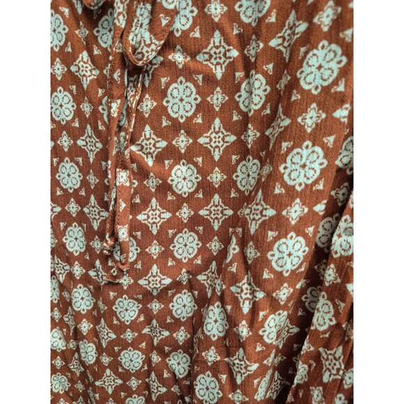 Rust-Red Floral Ruffle Sleeve Rayon Top With Tie Neck XL - Picture 4 of 5